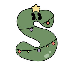 Letter S cute 60s 70s groovy retro vintage smiley green tree  cartoon font winter alphabet merry christmas xmas festive sublimation clipart