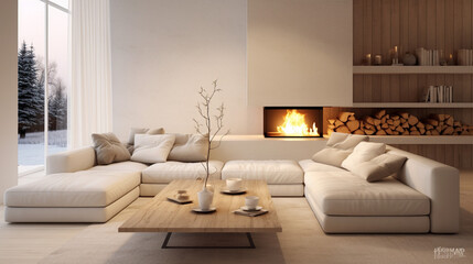 White corner sofa near fireplace