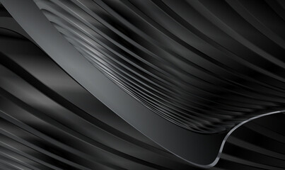 Abstract futuristic black metallic background with waved design. Abstract 3d luxury black curve background. Parallel lines. Black curvy pattern surface. Warped metallic stripes. Premium Vector EPS10. - obrazy, fototapety, plakaty