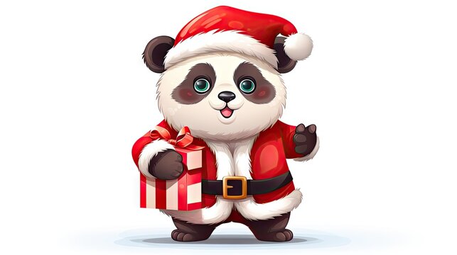  a panda bear wearing a santa hat and holding a red and white gift box with a red and white striped ribbon on it's chest and a white background.  generative ai