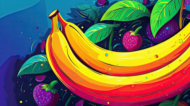  a painting of a bunch of bananas and strawberries with leaves and drops of water on a blue background with a splash of paint on the bottom of the image.  generative ai