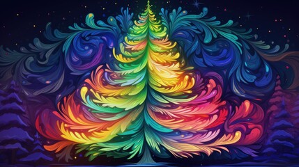  a brightly colored christmas tree in the middle of a night sky with stars on the top of the tree and the bottom of the tree in the middle of the sky.  generative ai