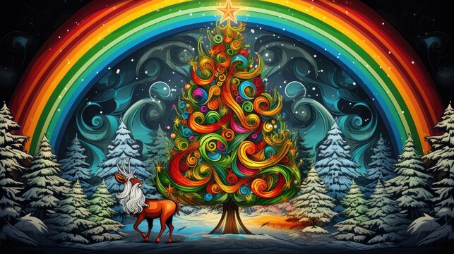  a painting of a christmas tree with a rainbow in the background and a unicorn standing in front of a tree with a rainbow in the middle of the picture and a rainbow in the middle.  generative ai