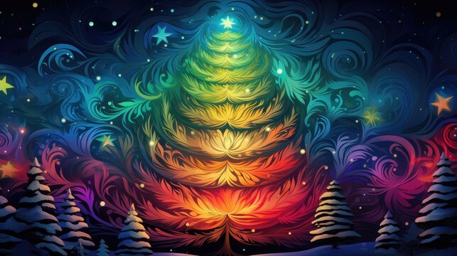  a painting of a brightly colored christmas tree in the middle of a night sky with stars and swirls on the top and bottom of the top of the tree.  generative ai