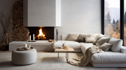 White corner sofa near fireplace