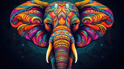 Fototapeta na wymiar an elephant with a colorful pattern on it's face and tusks on its tusks is standing in front of a black background with a floral ornament. generative ai