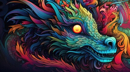  a colorful dragon's head with a glowing eye in the center of the image is a multicolored dragon's head with a glowing eye in the center of the image.  generative ai