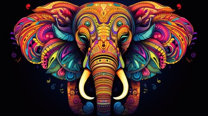 Fototapeta na wymiar an elephant with a colorful pattern on it's face and tusks on it's head, with a black background 
