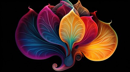  a close up of a multicolored flower on a black background with a black background and a black background with a red, yellow, blue, green, red, orange, and pink, and yellow flower.  generative ai