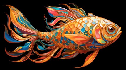  a colorful fish on a black background with a black background and a black background with a red, orange, yellow, and blue fish on it's tail.  generative ai
