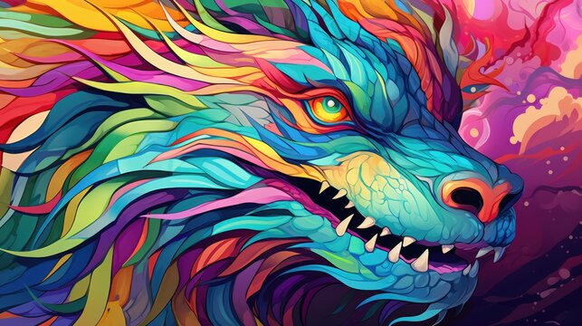  a colorful painting of a wolf's head with its mouth open and it's teeth painted with multi - colored acrylic paint on a black background.  generative ai