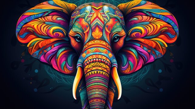  an elephant with a colorful pattern on it's face and tusks on its tusks is standing in front of a black background with a floral ornament.  generative ai
