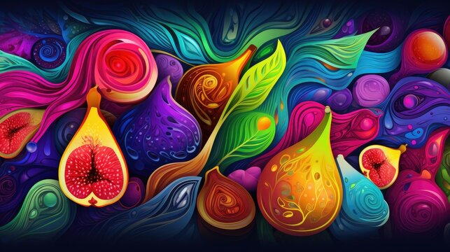  a painting of a bunch of fruit on a black background with colorful swirls and drops of paint on the bottom of the image and bottom half of the image.  generative ai