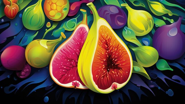  a painting of a variety of fruits on a black background with drops of water on the bottom of the image and on the bottom of the image of the fruit.  generative ai