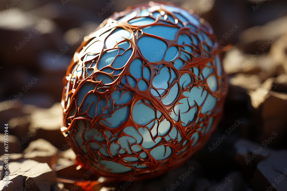 Fototapete A close-up photograph highlighting the intricate patterns formed by cracks in the eggshell as the hatchling struggles to emerge.  