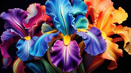  a close up of a bunch of flowers with many colors of flowers in the middle of the picture and a black background behind the flowers is a multi - colored iris.  generative ai