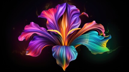  a multicolored flower on a black background with smoke coming out of the bottom of the flower and the bottom of the flower in the middle of the petals.  generative ai