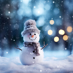 Crafted Snowman Toy on Snow with Soft Snowfall and Glowing Lights. Dark Blue Background with Bokeh. Christmas greeting card. AI Generative.
