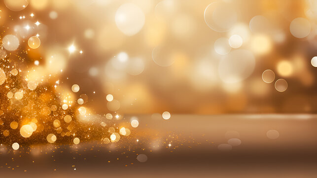 Christmas and New Year winter festive abstract image. Yellow glowing flashes of different sizes on yellow  blurred bokeh background with copy space. Holiday celebration concept.