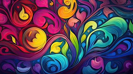  a colorful abstract painting with swirls and shapes on a black background with a red, yellow, blue, green, pink, purple, and orange color scheme.  generative ai