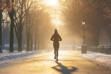 Young woman running outdoor during workout on winter day. Woman jogging in park. Active woman. Cardio training. Physical fitness. Cardio workout - obrazy, fototapety, plakaty