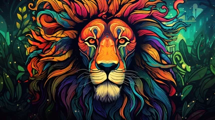 Foto op Canvas  a painting of a lion's head with multicolored lines on it's face and a green, blue, yellow, red, orange, and purple, and green background.  generative ai © Shanti