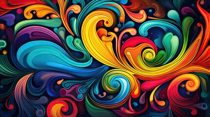  a colorful abstract background with swirls and bubbles on a black background, with a blue sky in the background 