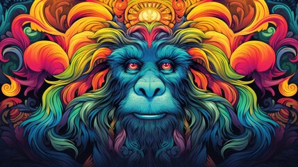  a colorful monkey's face with a sun in the middle of it's head and a flower in the middle of its head, on a black background is a multi - colored background.  generative ai