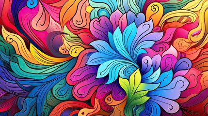  a painting of a colorful flower with lots of swirls in the middle of the flower and leaves on the bottom half of the flower, and bottom half of the flower
