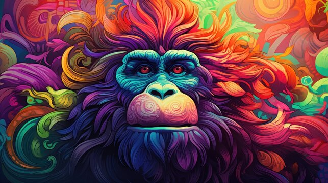  a painting of a monkey with multicolored swirls on it's face and a black background with a red, yellow, green, orange, blue, pink, and purple, and green, and orange monkey.  generative ai