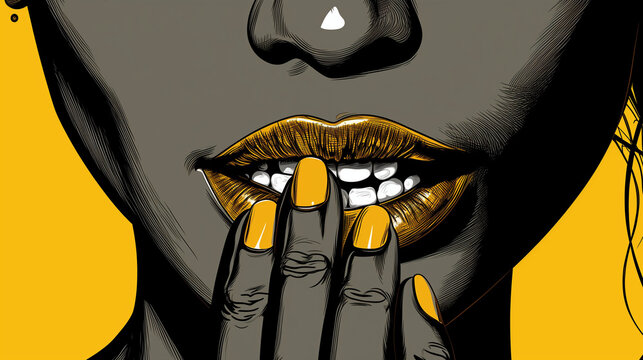 portrait glamour d'une belle femme noire avec la main devant la bouche, rouge &agrave; l&egrave;vre et ongles manucur&eacute;s