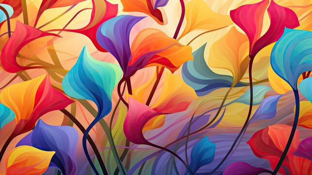  a painting of a bunch of flowers in a field of red, yellow, blue, and purple flowers with a green stem in the center of the painting is a multi - colored background.  generative ai