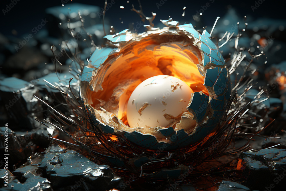 Poster A symbolic representation of a hatchling breaking free from darkness as it pushes through a cracked eggshell towards the light. 