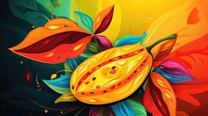  a close up of a flower on a black background with orange, red, yellow and green leaves and drops of water on the petals of the petals of the flower.  generative ai