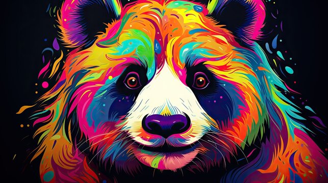  a close up of a bear's face with multicolored paint splatters on it's face and a black background that has a black background.  generative ai