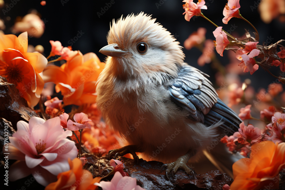 Aufkleber a hatchling emerging from its eggshell while surrounded by blossoming flowers