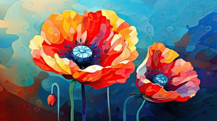  a painting of two red and yellow flowers on a blue and red background with bubbles of water on the bottom and bottom of the flowers on the bottom of the picture.  generative ai
