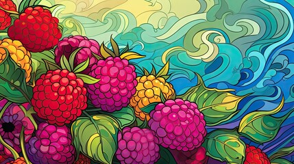  a painting of a bunch of raspberries on a branch in front of a painting of a swirly sky with clouds and a blue wave in the background.  generative ai