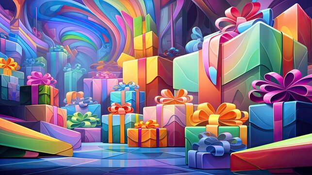  a group of colorful presents sitting on top of a blue floor next to a pile of colorful boxes and a rainbow stream of streaming stream of colors behind them.  generative ai