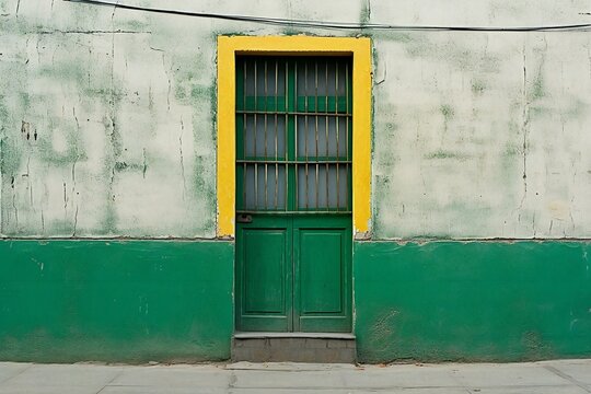 Green door with yellow window and green wall in the background, closeup of photo
