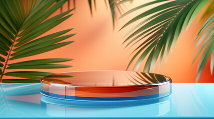 Fototapeta premium Product mockup background. Abstract shapes of colored transparent glass shapes for product display mockup with palm leaves. Bright color mock up podium background for perfume or cosmetic products.