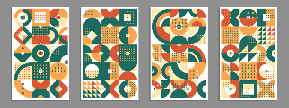 Geometric vector posters and covers in Bauhaus style, layout for advertisement sheet, brochure or book cover, retro 70s pattern in native ceramic colors.