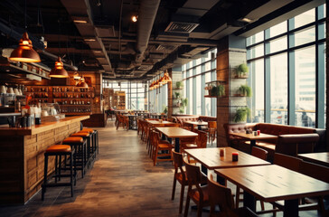 Cozy wooden interior of restaurant, copy space. Comfortable modern dining place, contemporary design background