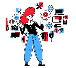 Technician engineer woman repairing household appliances, repairman service vector outline illustration, engineer fixing and upgrading different technics.