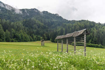 Single straight-line hayrack on moved down meadow