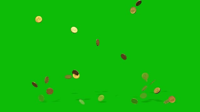 Glowing gold coins falling on green screen from the top of the frame and bouncing with shadows, 3D animation.