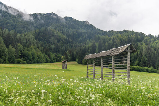 Single straight-line hayrack on moved down meadow