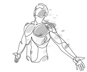Man with spread hands showing pose of freedom like feeling that he can fly, vector linear illustration, emotional concept of feel free and happy.