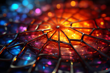 A spider web captured at a precise angle, revealing a spectrum of colors due to light diffraction.  - obrazy, fototapety, plakaty