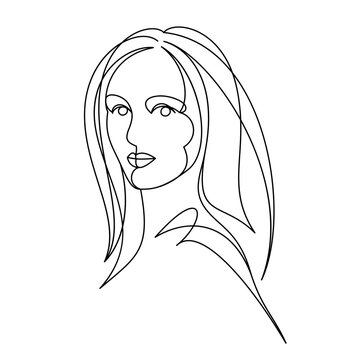 recommend clip art: Beautiful face of attractive woman vector linear drawing, sensitive emotional line art adult girl portrait, feminine abstract face line art.